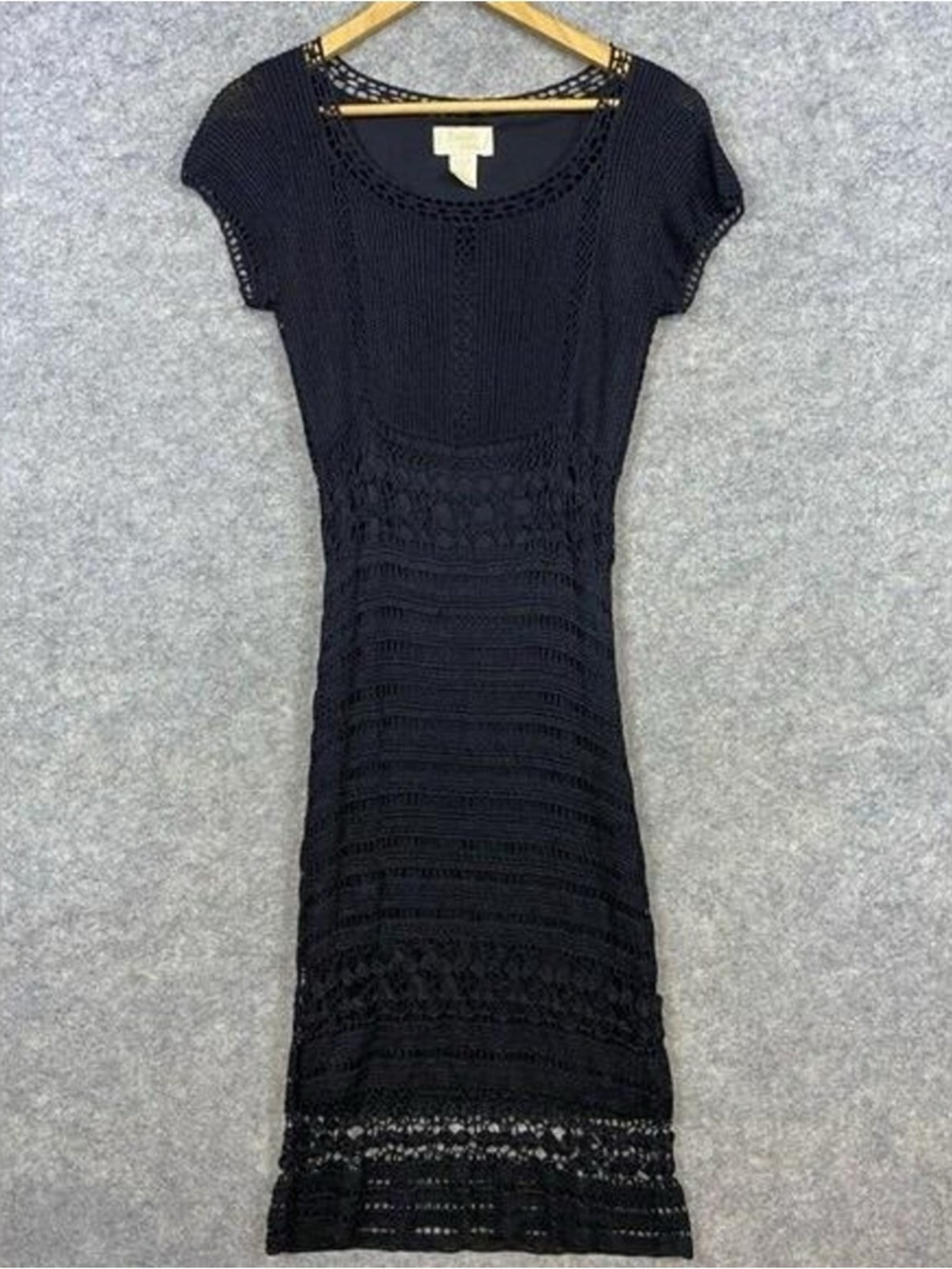 Krochetta by Papillon Vintage Crochet Dress Sz S Black Midi Sheath Goth Witchy